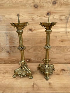 Antique French Neogothic Altar Torchère Candlestick Set w/ Griffins