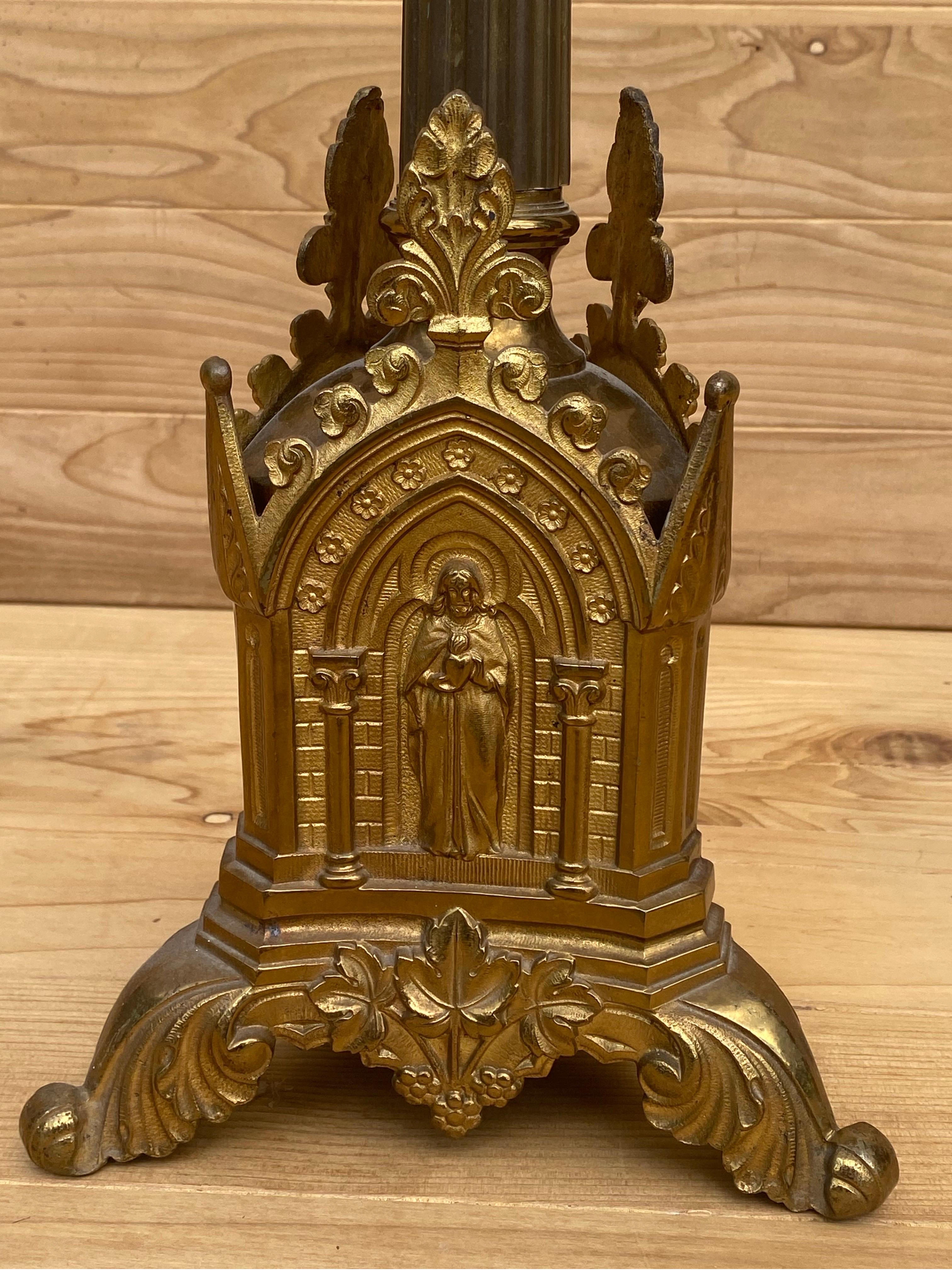 19th Century Antique French Neogothic Altar Torchère Candlestick Set w/ Jesus & Cross For Sale