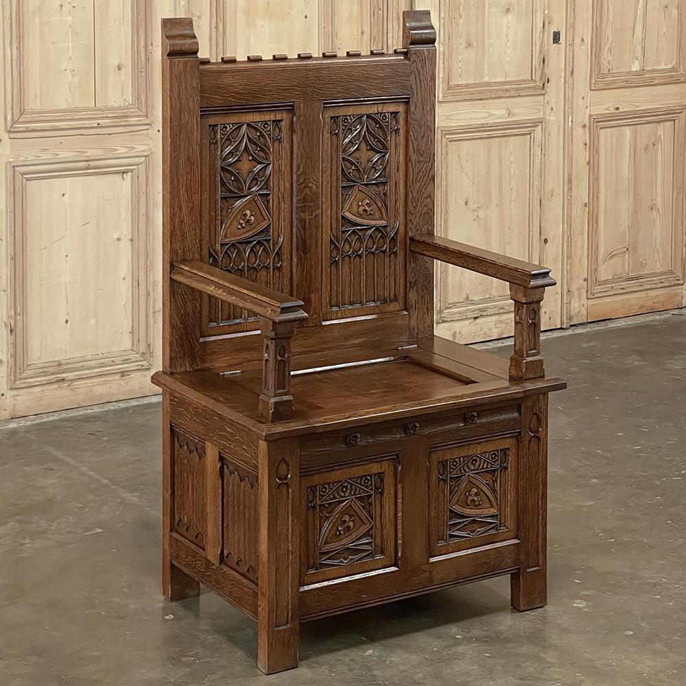 Antique French Neogothic Caquetoire ~ Cathedral Chair ~ Armchair is an intriguing design, originally intended for visiting dignitaries allowing a VIP his or her own special seat. Crafted exclusively from solid oak, this example was carved with