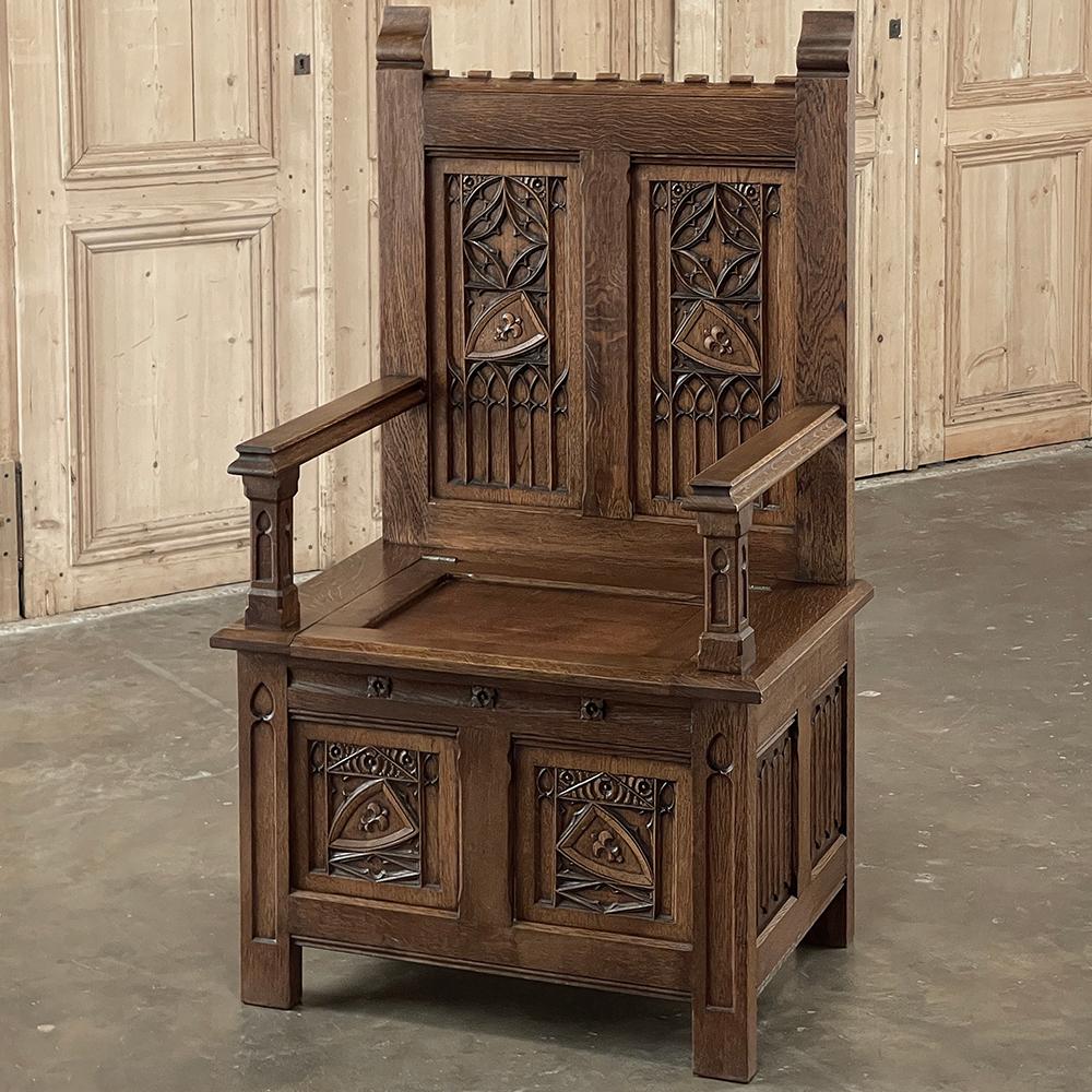 Hand-Carved Antique French Neogothic Caquetoire ~ Cathedral Chair ~ Armchair For Sale