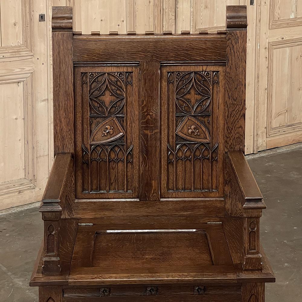 Oak Antique French Neogothic Caquetoire ~ Cathedral Chair ~ Armchair For Sale