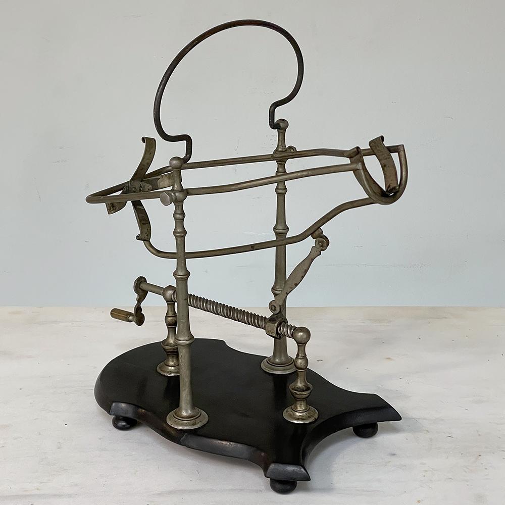 Antique French Nickeled Brass Mechanical Wine Cradle ~ Server In Good Condition In Dallas, TX