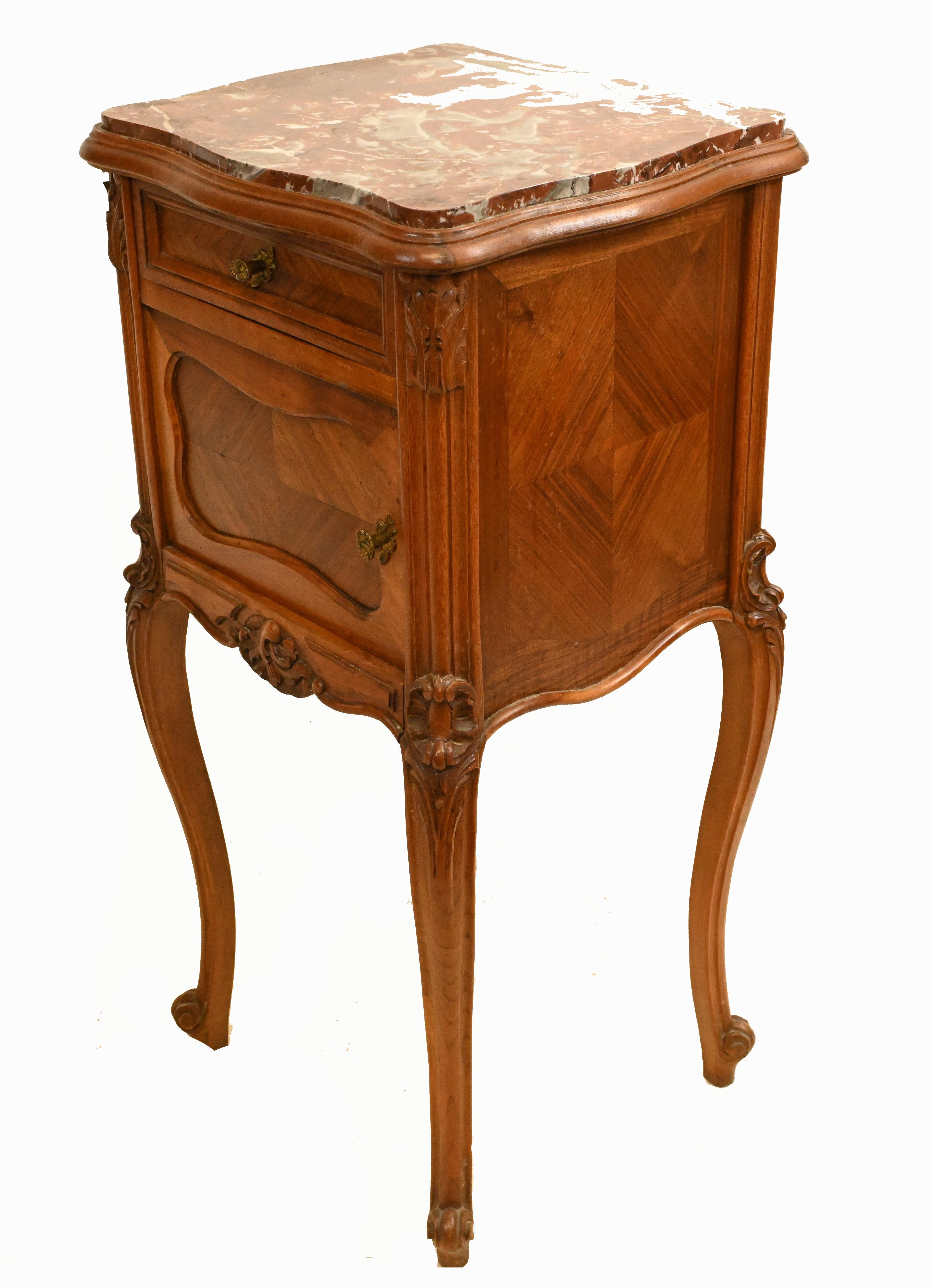 Walnut Antique French Nighstands Pair Bedside Cabinets, 1900 For Sale
