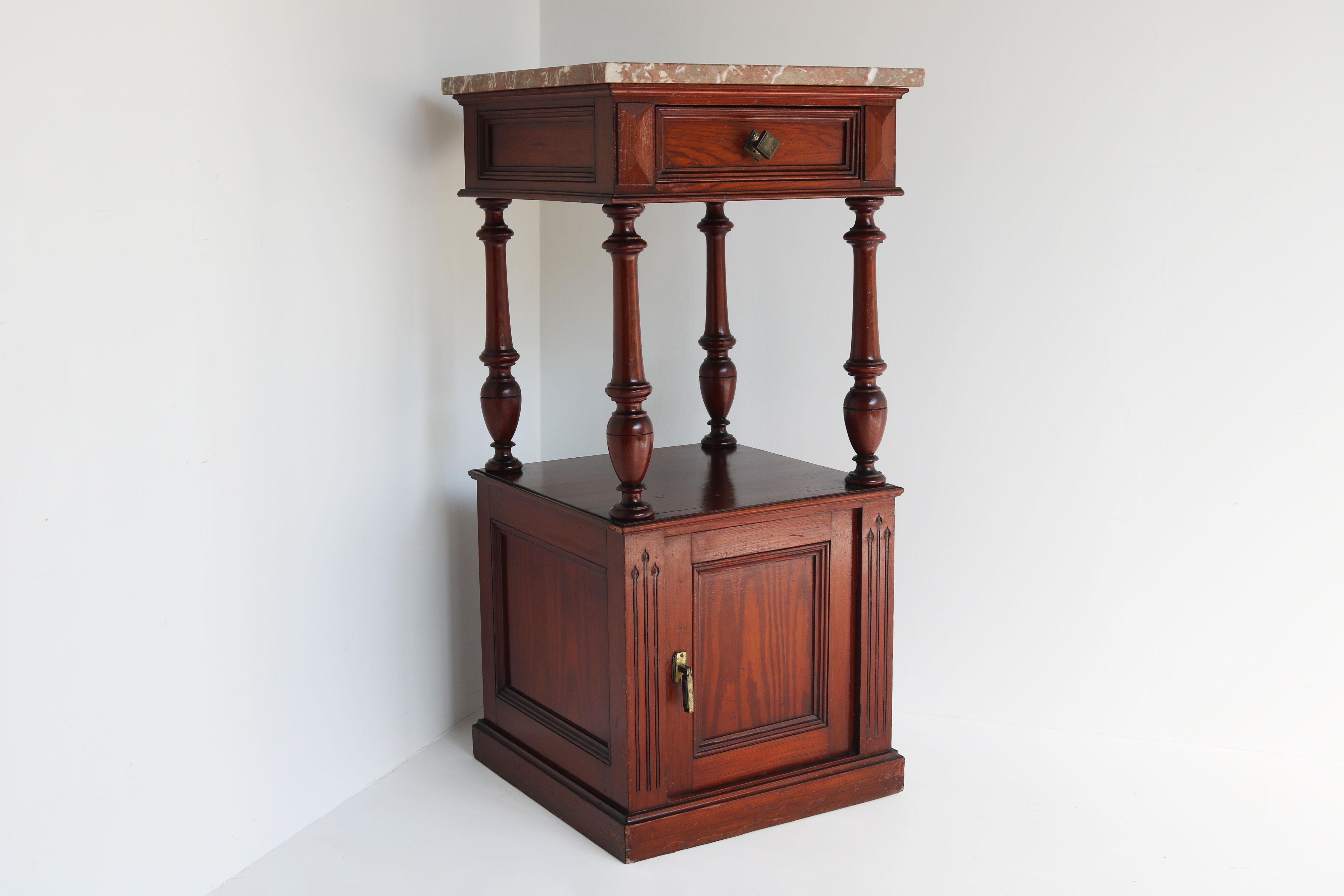 Antique French Night Stand / Bedside Table Pitchpine Red Belgian Marble Top 1900 For Sale 3