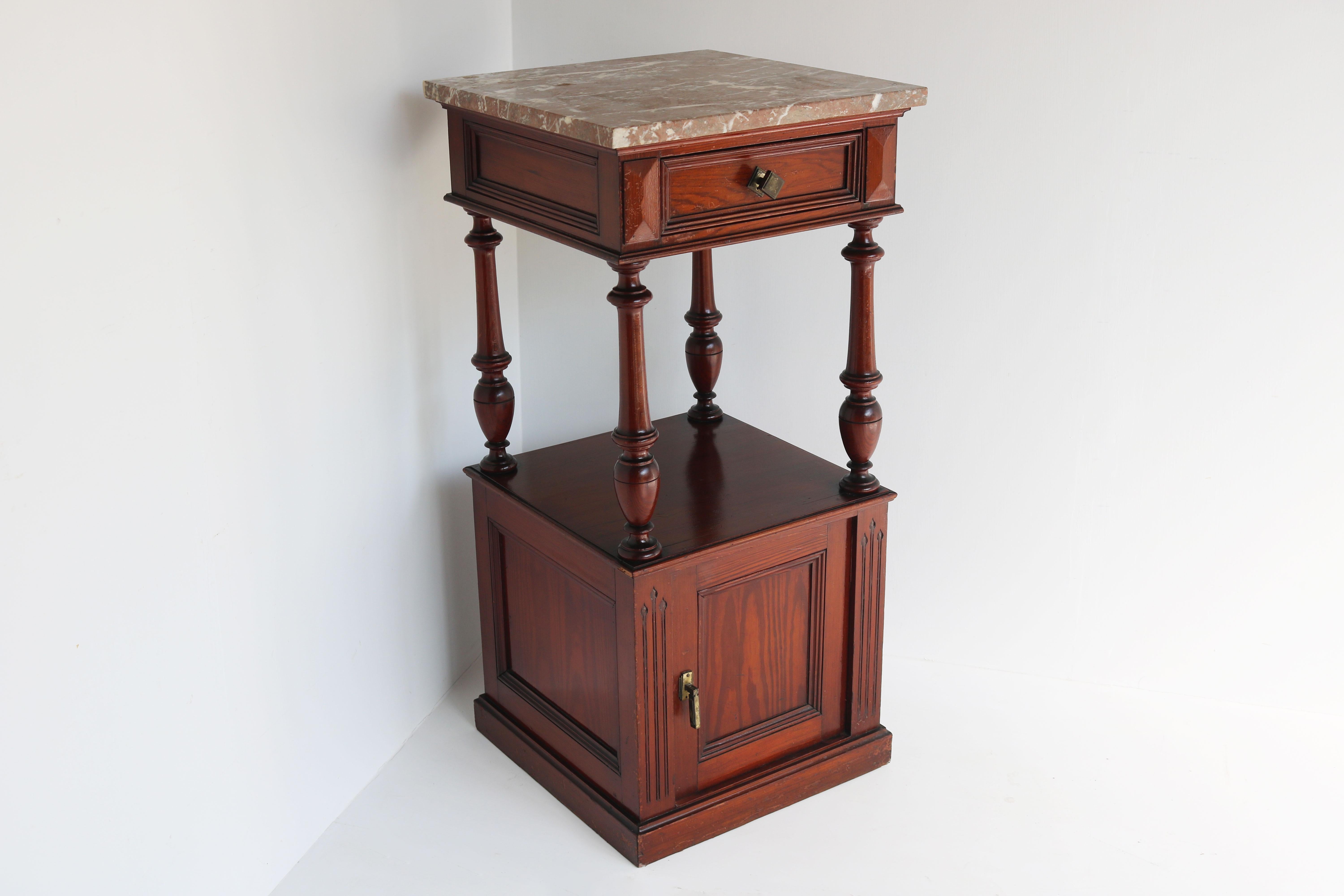 Hand-Carved Antique French Night Stand / Bedside Table Pitchpine Red Belgian Marble Top 1900 For Sale