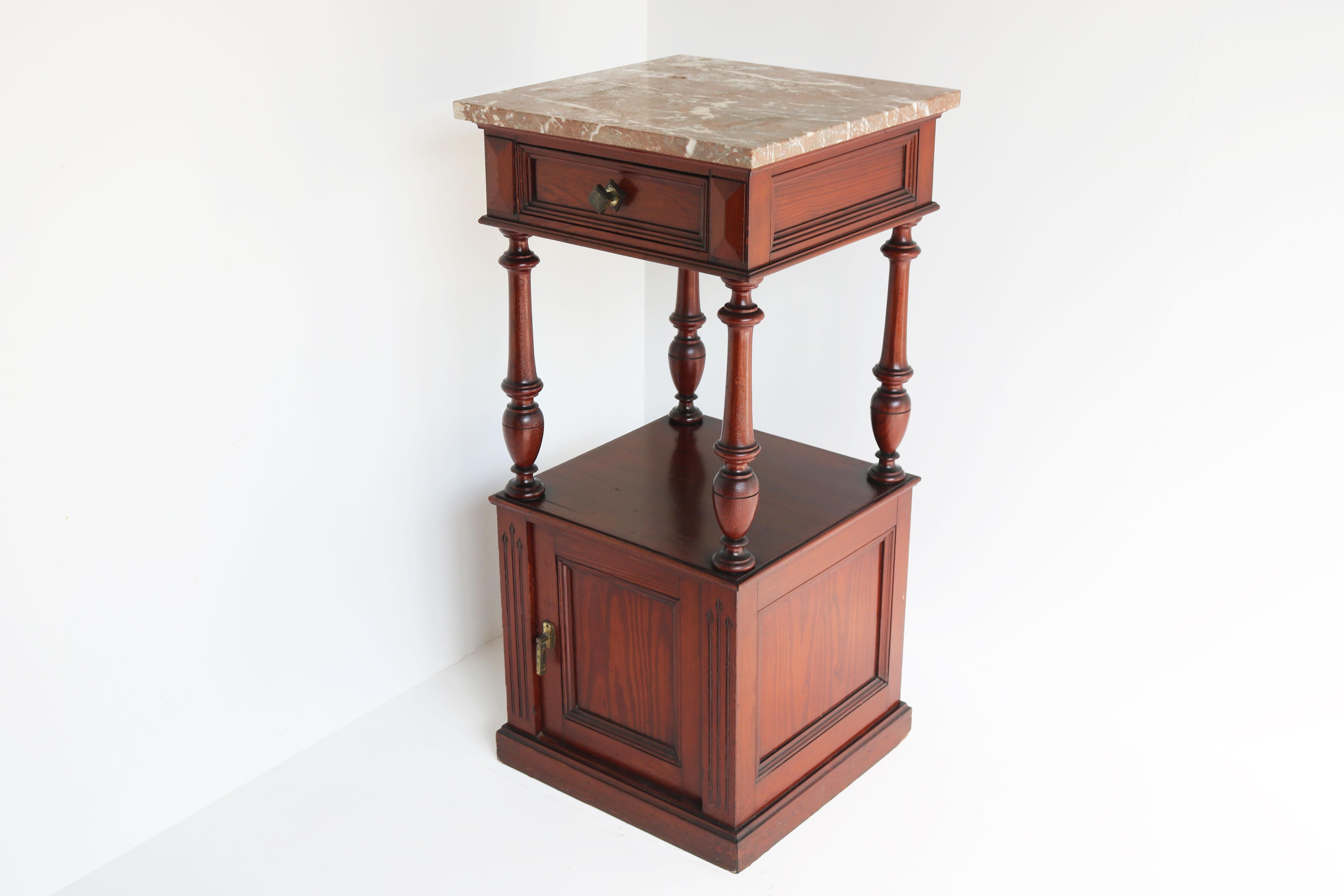 Antique French Night Stand / Bedside Table Pitchpine Red Belgian Marble Top 1900 In Good Condition For Sale In Ijzendijke, NL