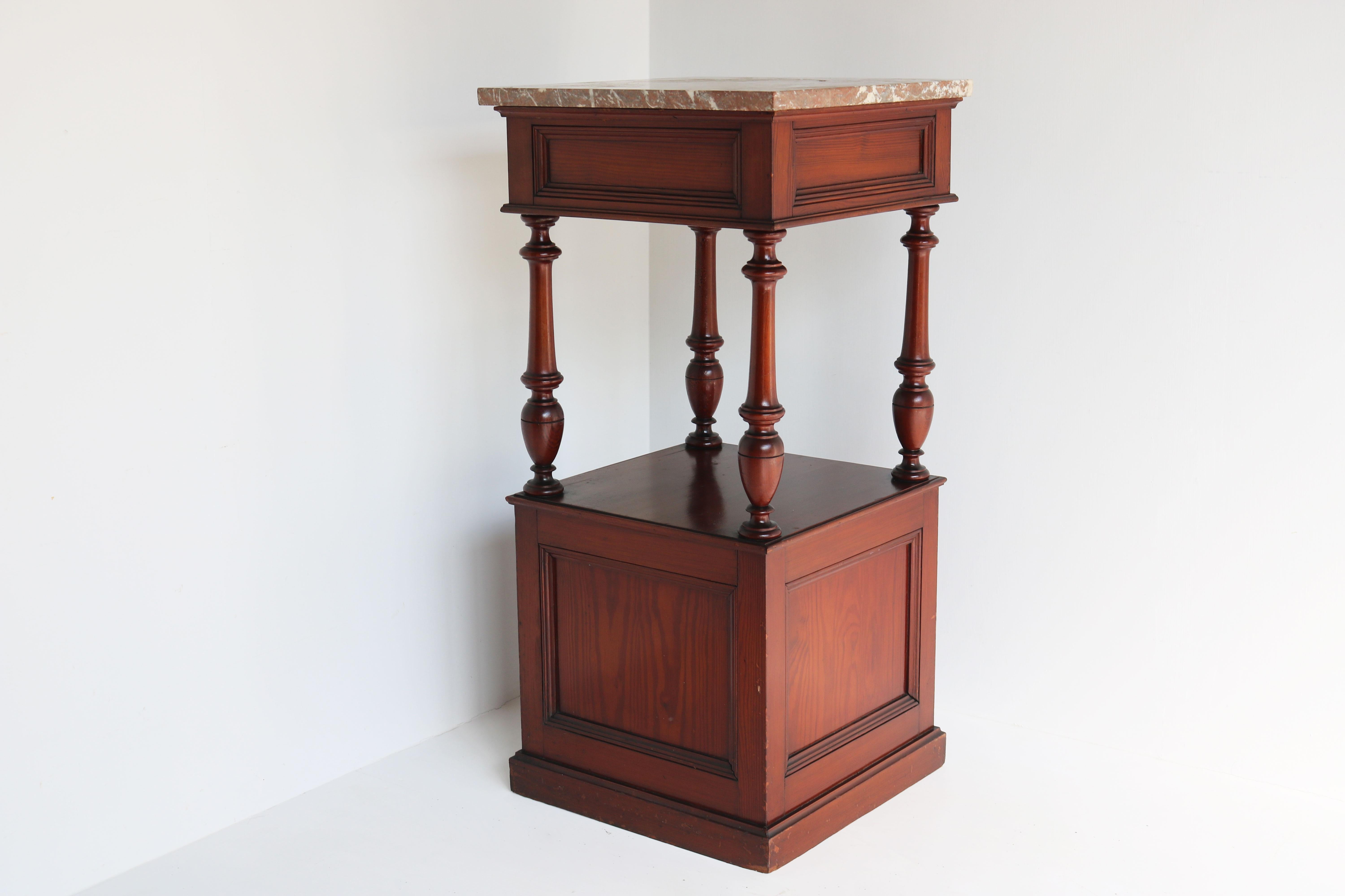 Early 20th Century Antique French Night Stand / Bedside Table Pitchpine Red Belgian Marble Top 1900 For Sale