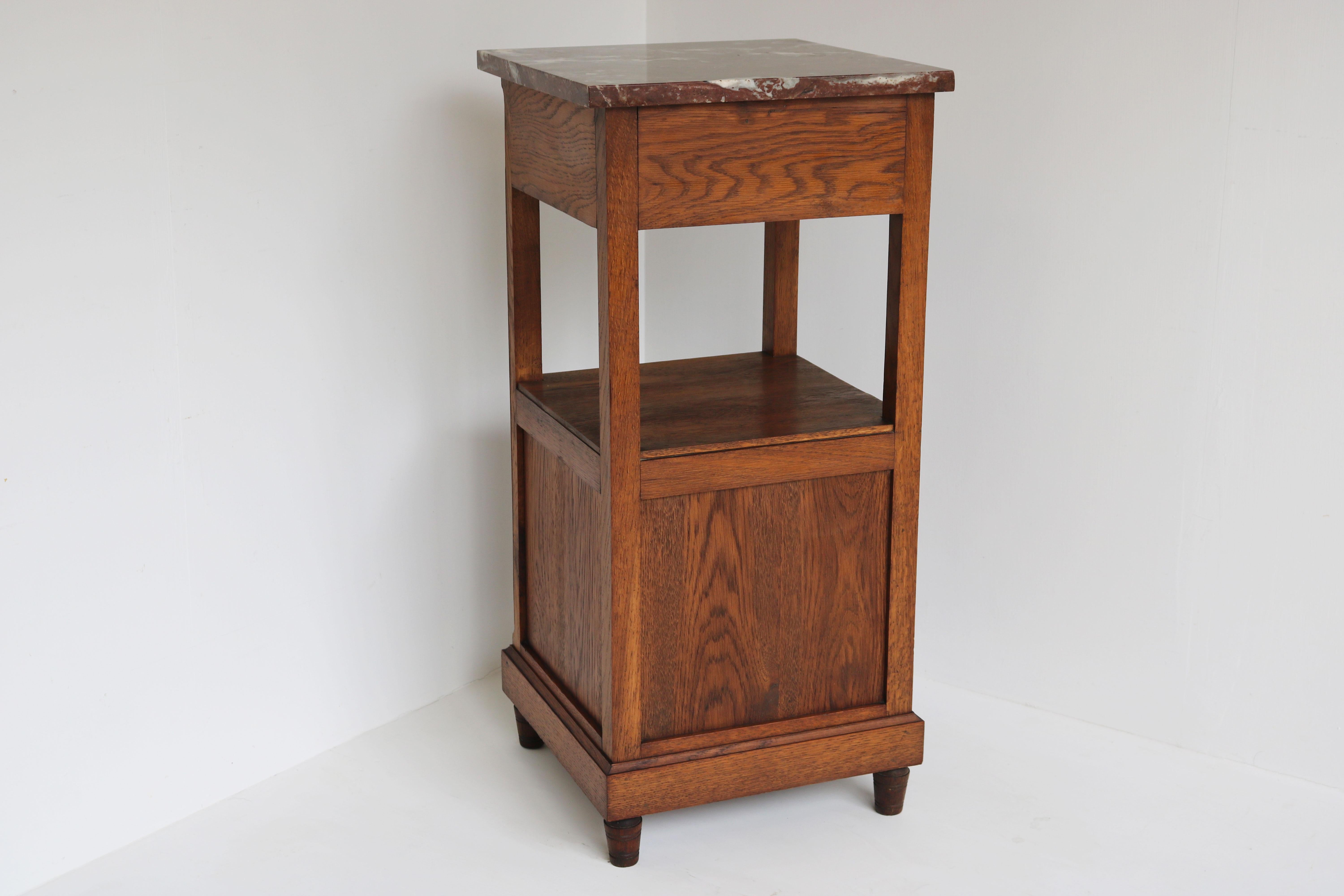 Antique French Night Stand / Bedside Table Solid Oak Belgium Red Marble Top 1920 2