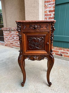 Antique French Nightstand Cabinet Marble Top Louis XV Carved Walnut c1890