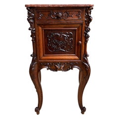 Antique French Nightstand Cabinet Marble Top Louis XV Carved Walnut c1890