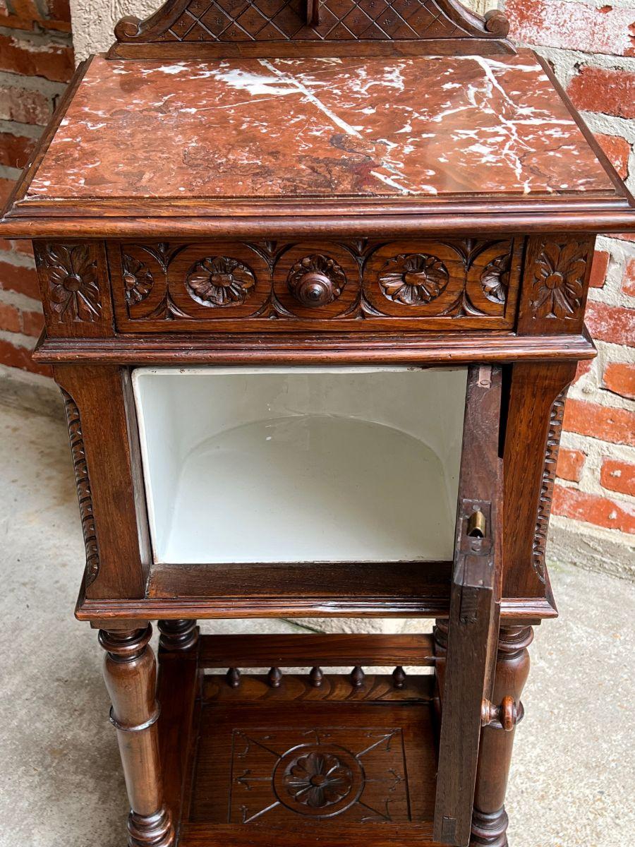 Antique French Nightstand End Table Brittany Breton Marble Carved Oak Cabinet 5
