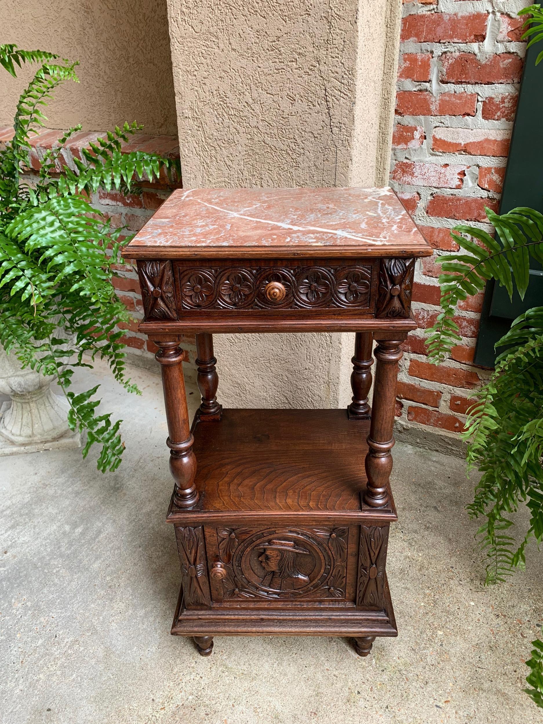 Antique French Nightstand End Table Brittany Breton Marble Carved Oak Cabinet 8