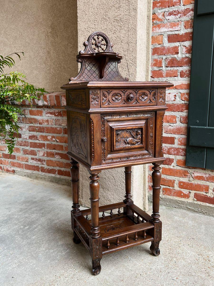 Antique French Nightstand End Table Brittany Breton Marble Carved Oak Cabinet 6