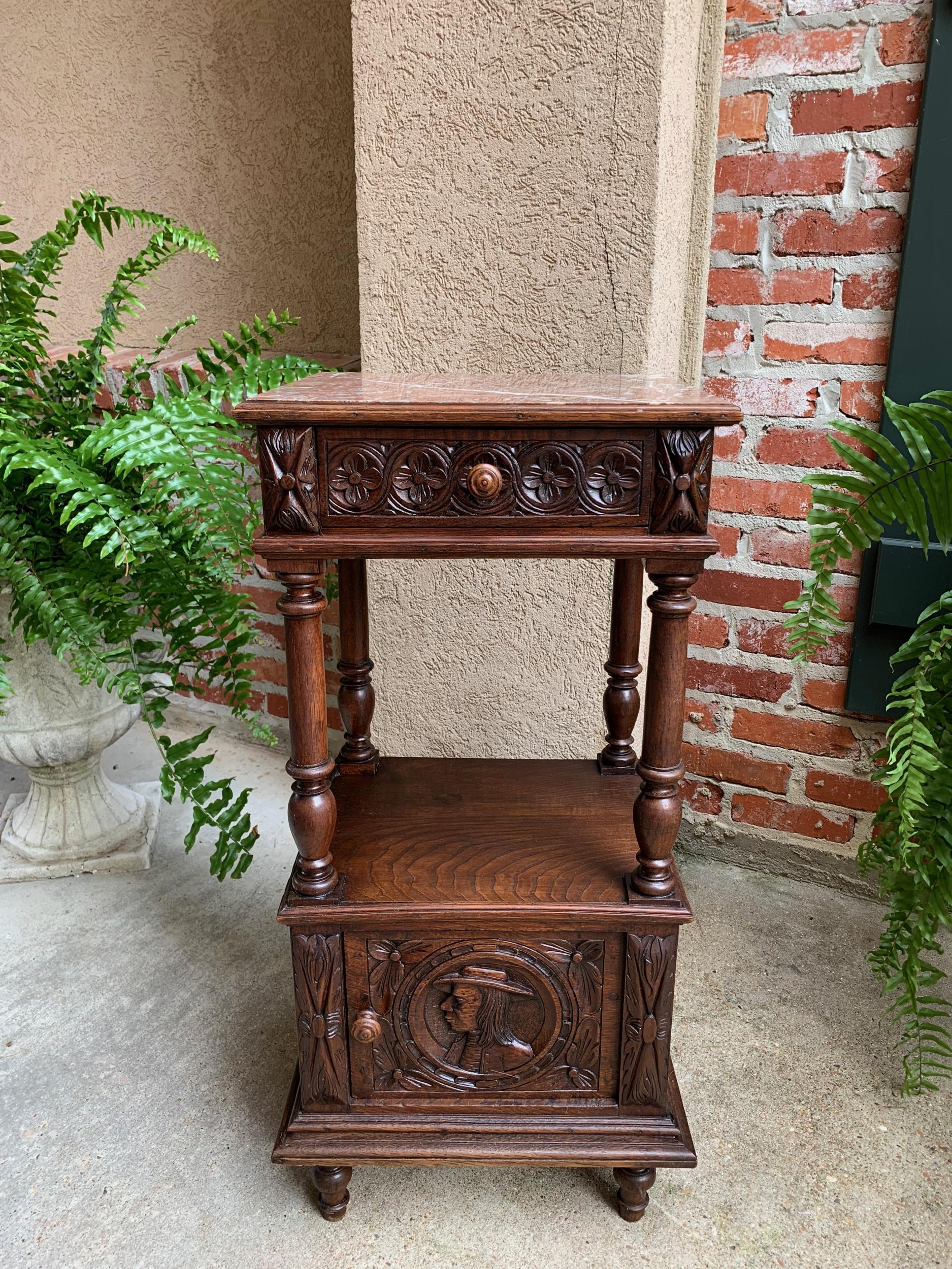 Antique French Nightstand End Table Brittany Breton Marble Carved Oak Cabinet 9