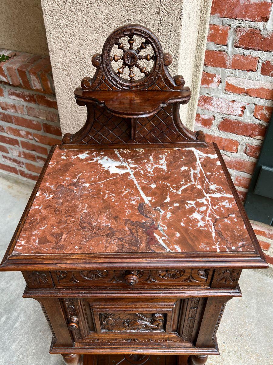 Antique French Nightstand End Table Brittany Breton Marble Carved Oak Cabinet 7