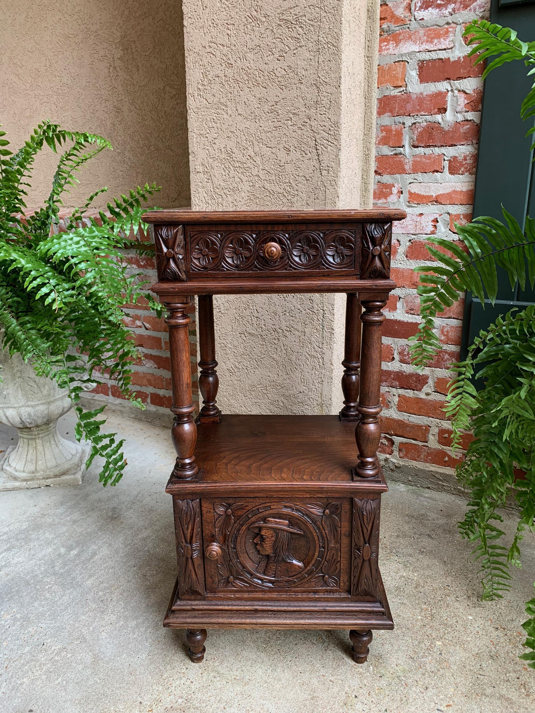 Antique French Nightstand End Table Brittany Breton Marble Carved Oak Cabinet 10