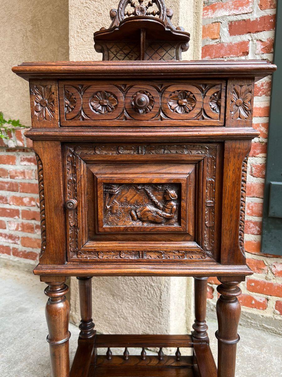 Antique French Nightstand End Table Brittany Breton Marble Carved Oak Cabinet 8