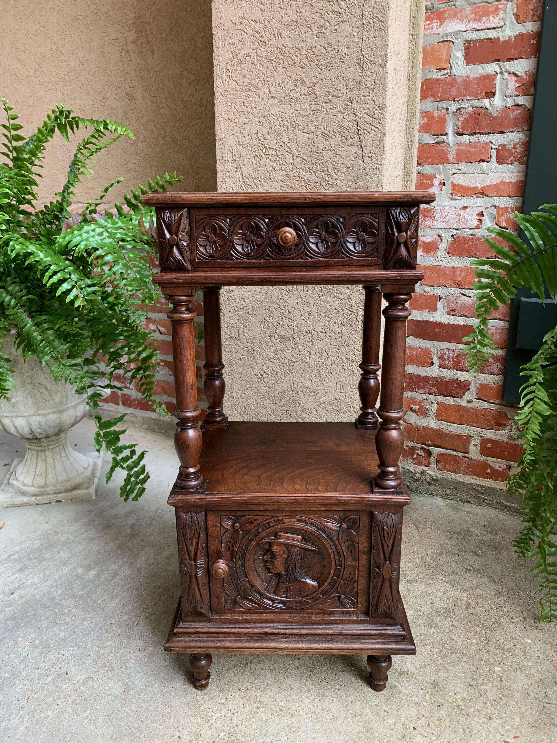 Antique French Nightstand End Table Brittany Breton Marble Carved Oak Cabinet 11