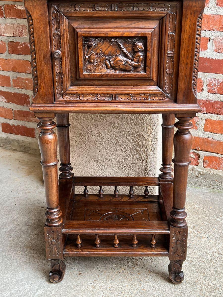 Antique French Nightstand End Table Brittany Breton Marble Carved Oak Cabinet 9