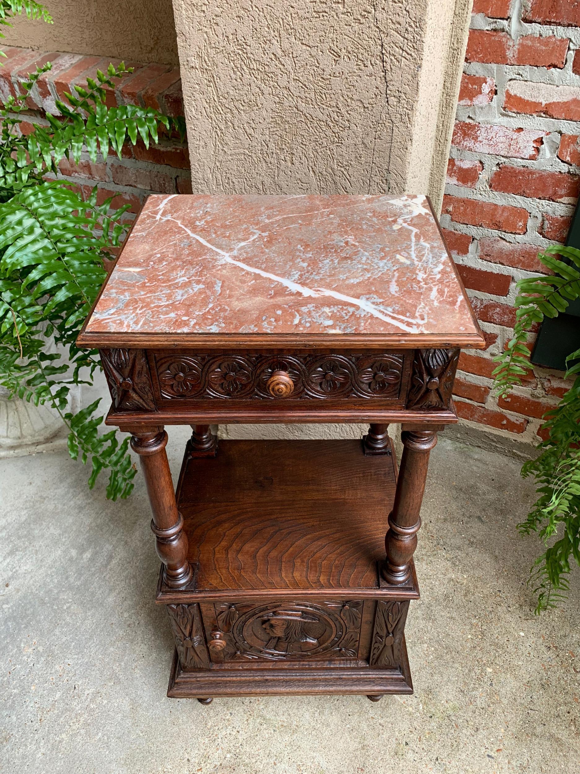Antique French Nightstand End Table Brittany Breton Marble Carved Oak Cabinet 12