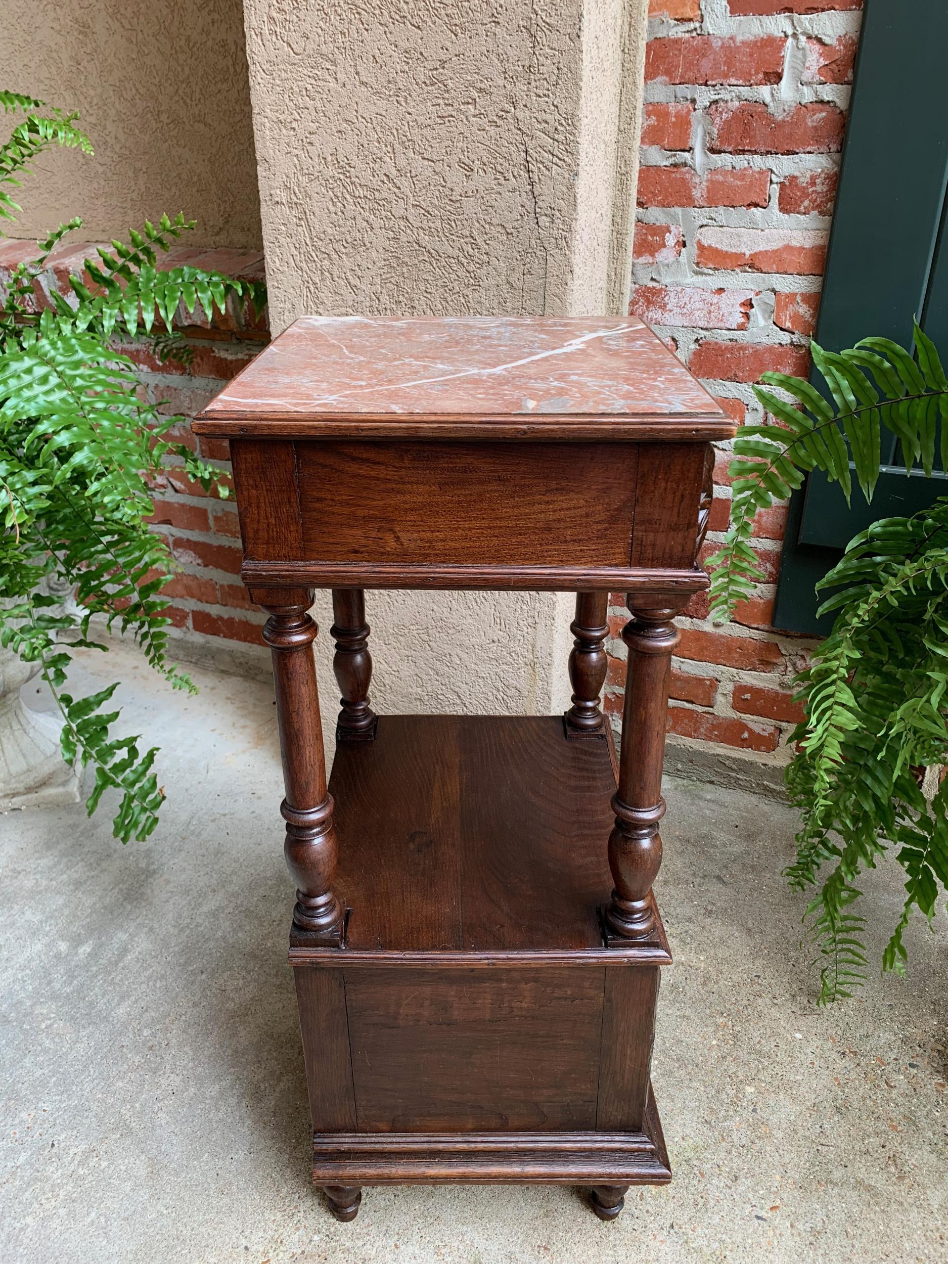 Antique French Nightstand End Table Brittany Breton Marble Carved Oak Cabinet 13