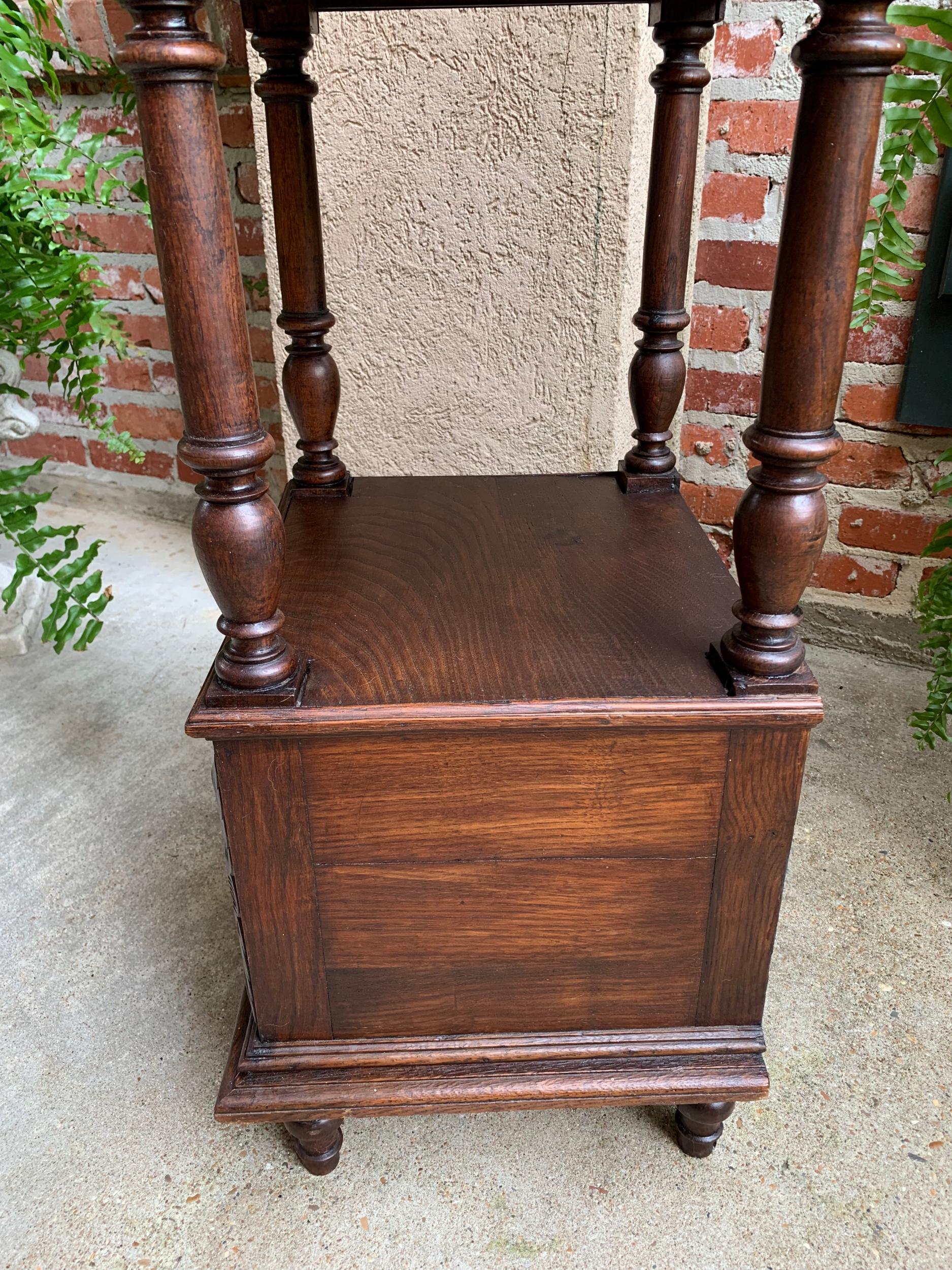 Antique French Nightstand End Table Brittany Breton Marble Carved Oak Cabinet 14