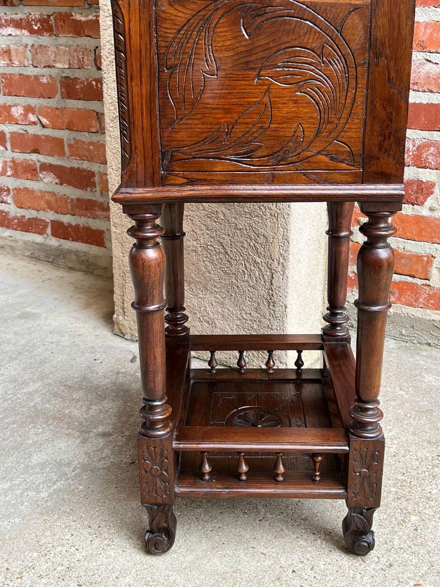 Antique French Nightstand End Table Brittany Breton Marble Carved Oak Cabinet 12