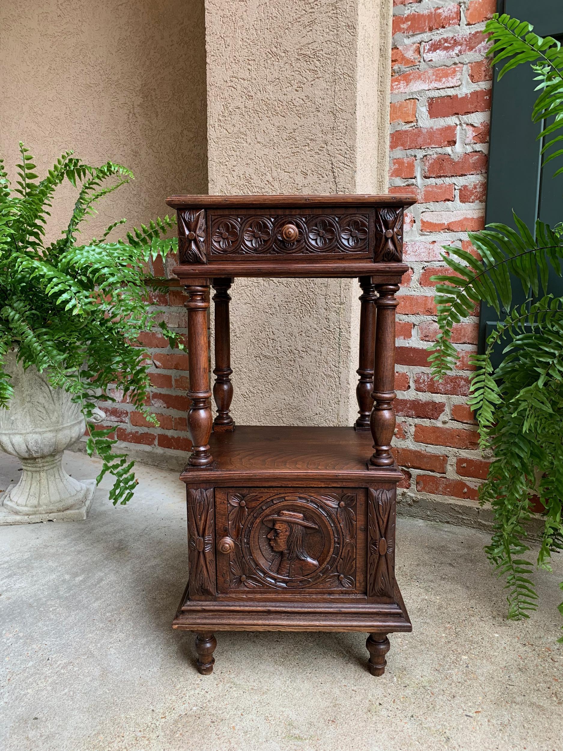 Antique French Nightstand End Table Brittany Breton Marble Carved Oak Cabinet

~Direct from the Brittany region of France~
~Charming carved oak antique French nightstand or end table~
~Original veined marble inset top above the carved front