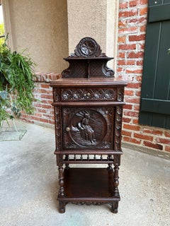 Antique French Nightstand End Table Brittany Breton Marble Carved Oak Cabinet