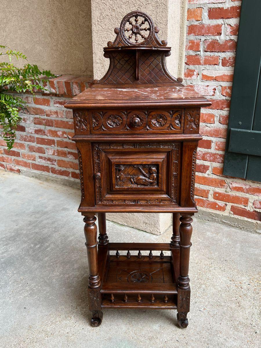 French Provincial Antique French Nightstand End Table Brittany Breton Marble Carved Oak Cabinet