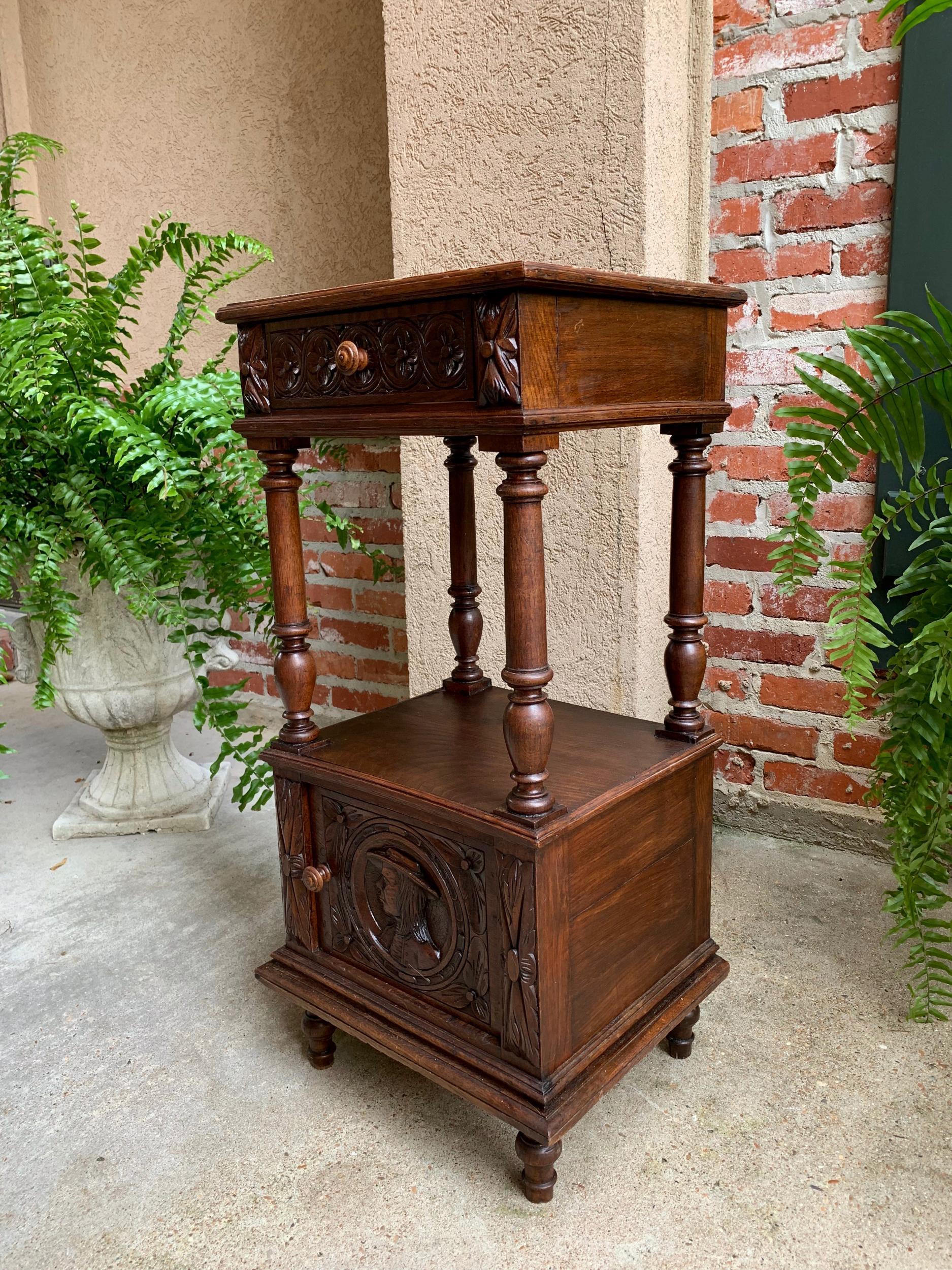 Antique French Nightstand End Table Brittany Breton Marble Carved Oak Cabinet In Good Condition In Shreveport, LA