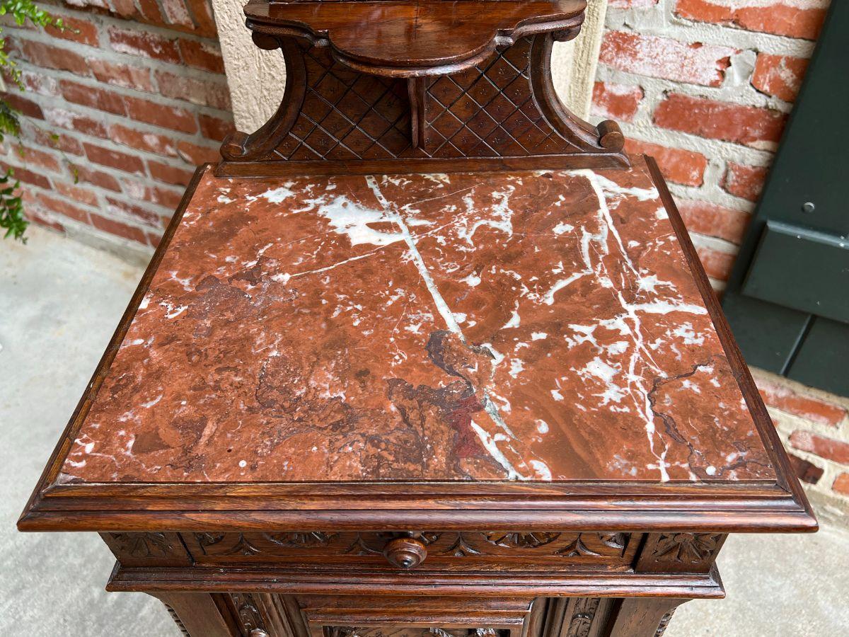 Hand-Carved Antique French Nightstand End Table Brittany Breton Marble Carved Oak Cabinet