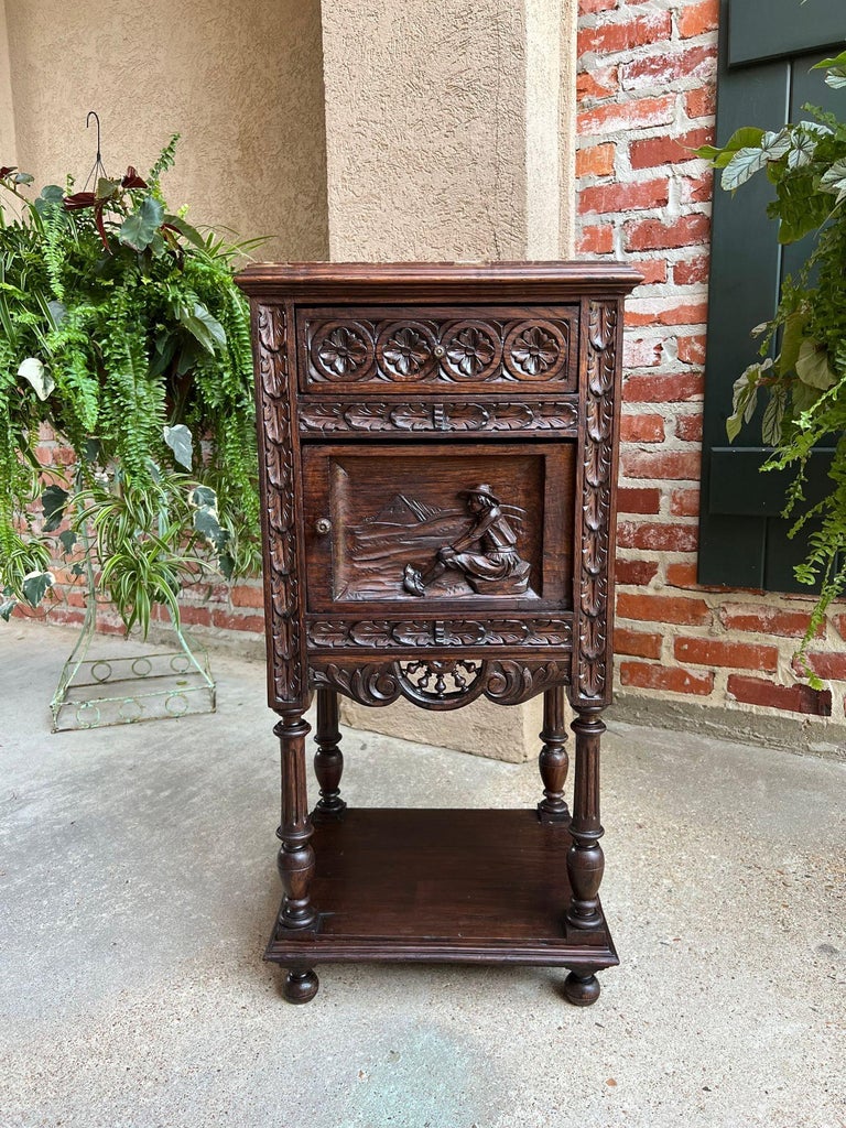 Antique French Nightstand End Table Brittany Breton Marble Carved Oak