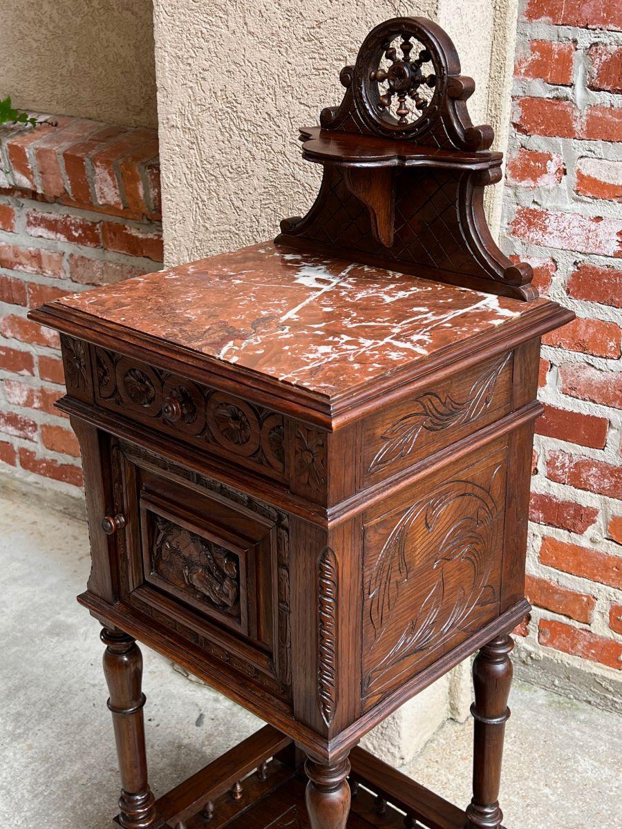 Antique French Nightstand End Table Brittany Breton Marble Carved Oak Cabinet In Good Condition In Shreveport, LA