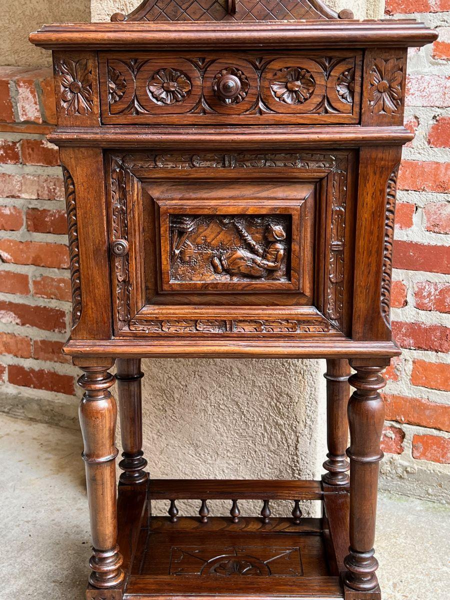 Late 19th Century Antique French Nightstand End Table Brittany Breton Marble Carved Oak Cabinet