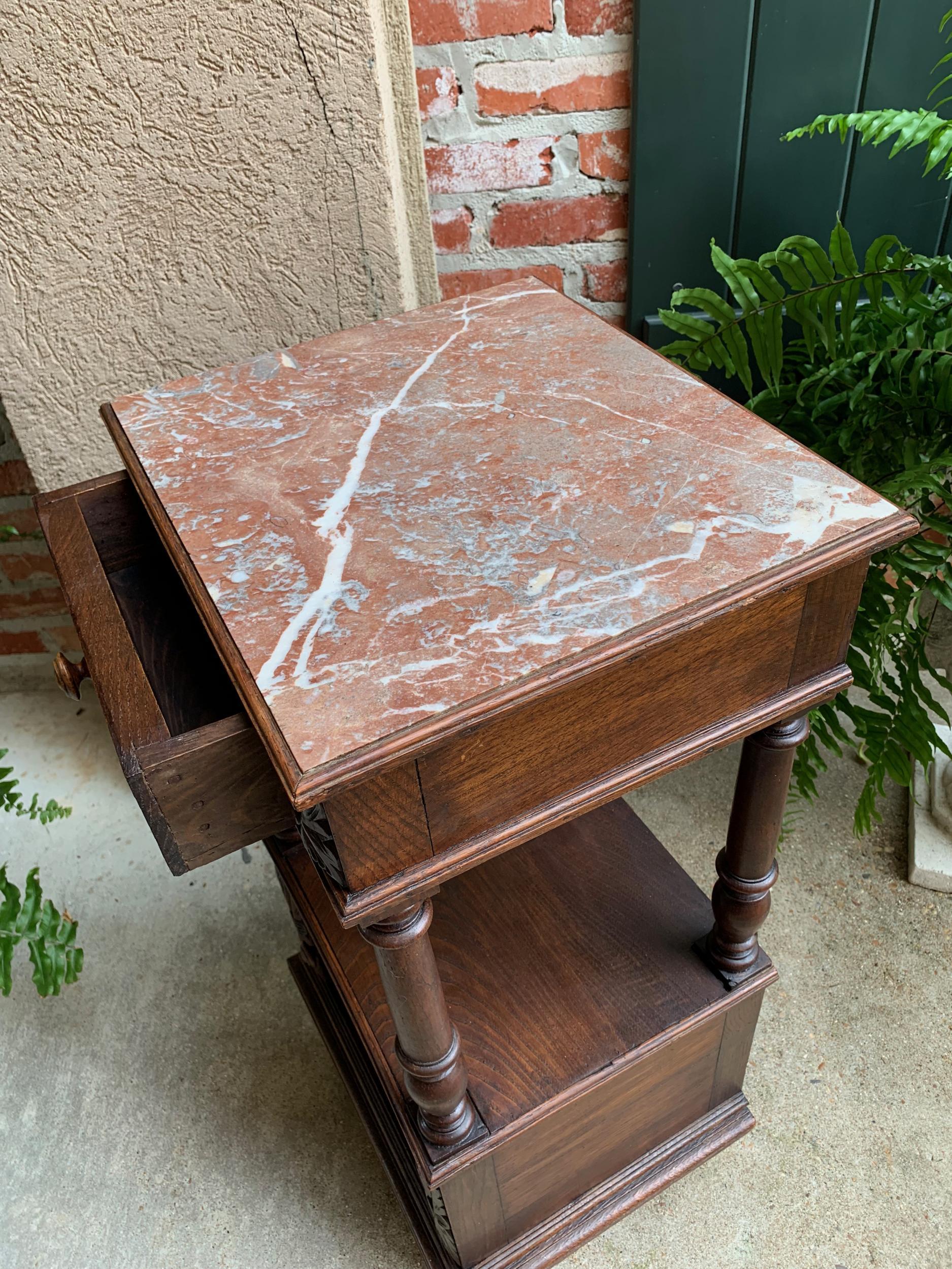 Antique French Nightstand End Table Brittany Breton Marble Carved Oak Cabinet 2