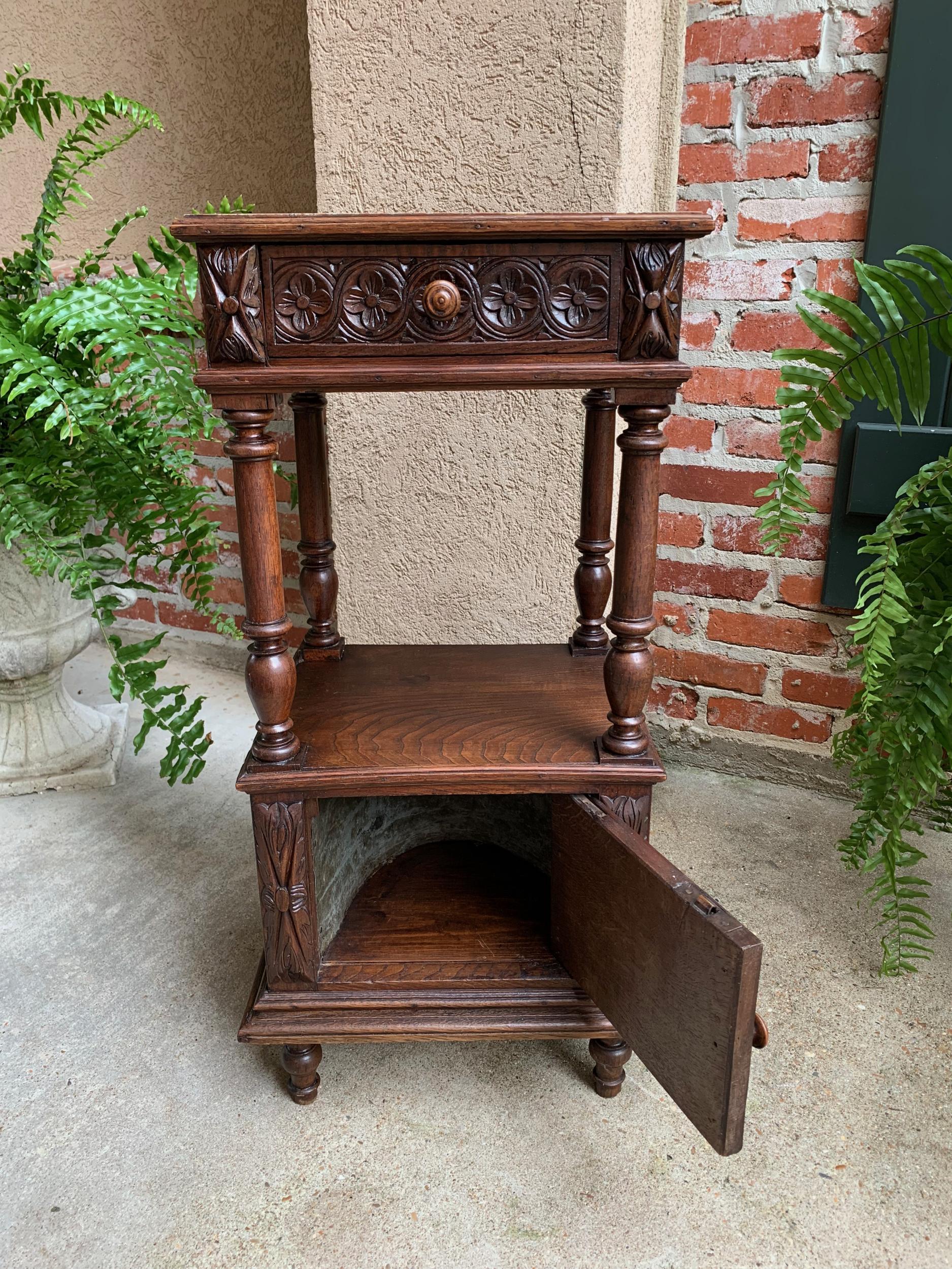 Antique French Nightstand End Table Brittany Breton Marble Carved Oak Cabinet 3