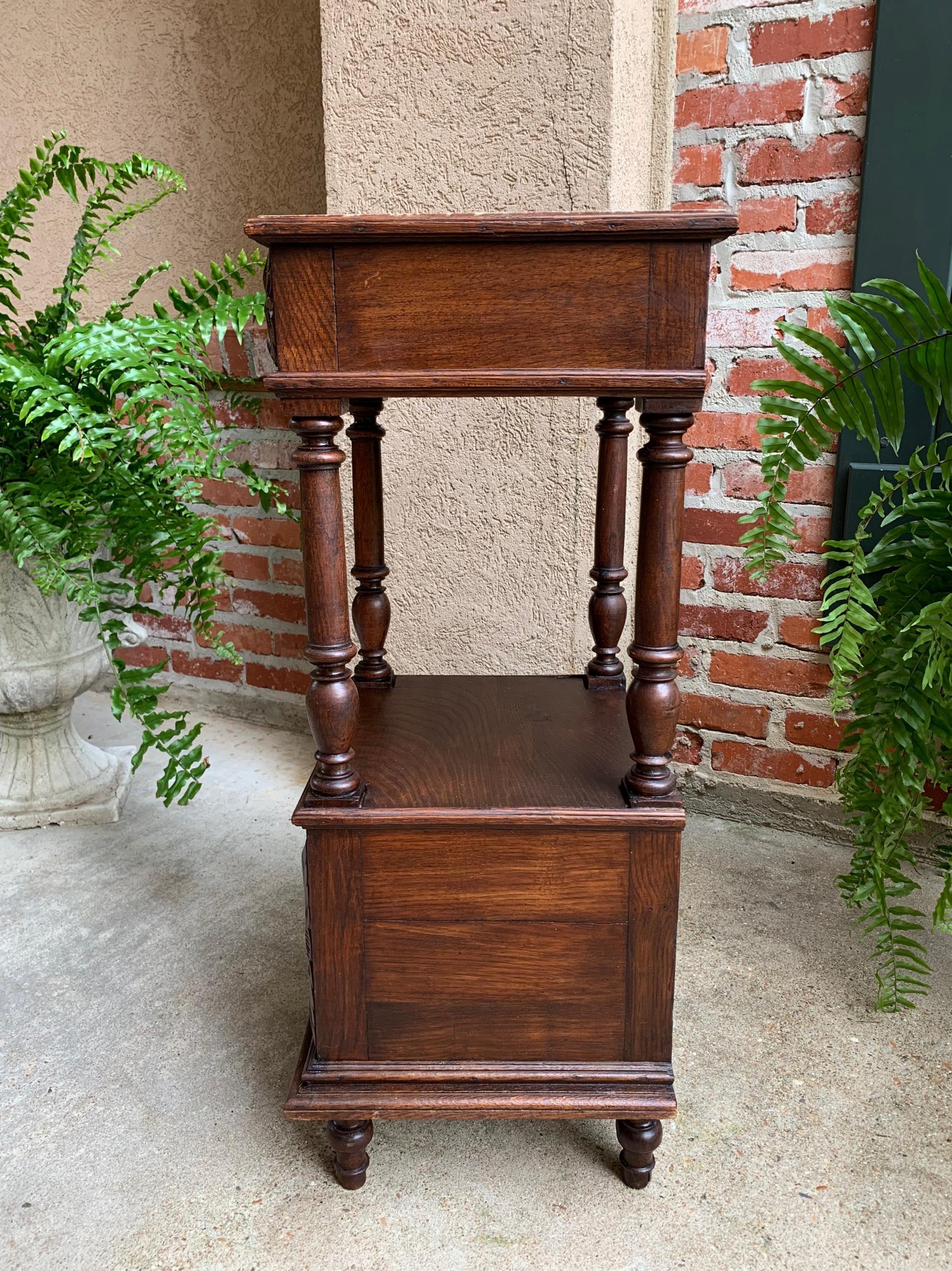 Antique French Nightstand End Table Brittany Breton Marble Carved Oak Cabinet 4