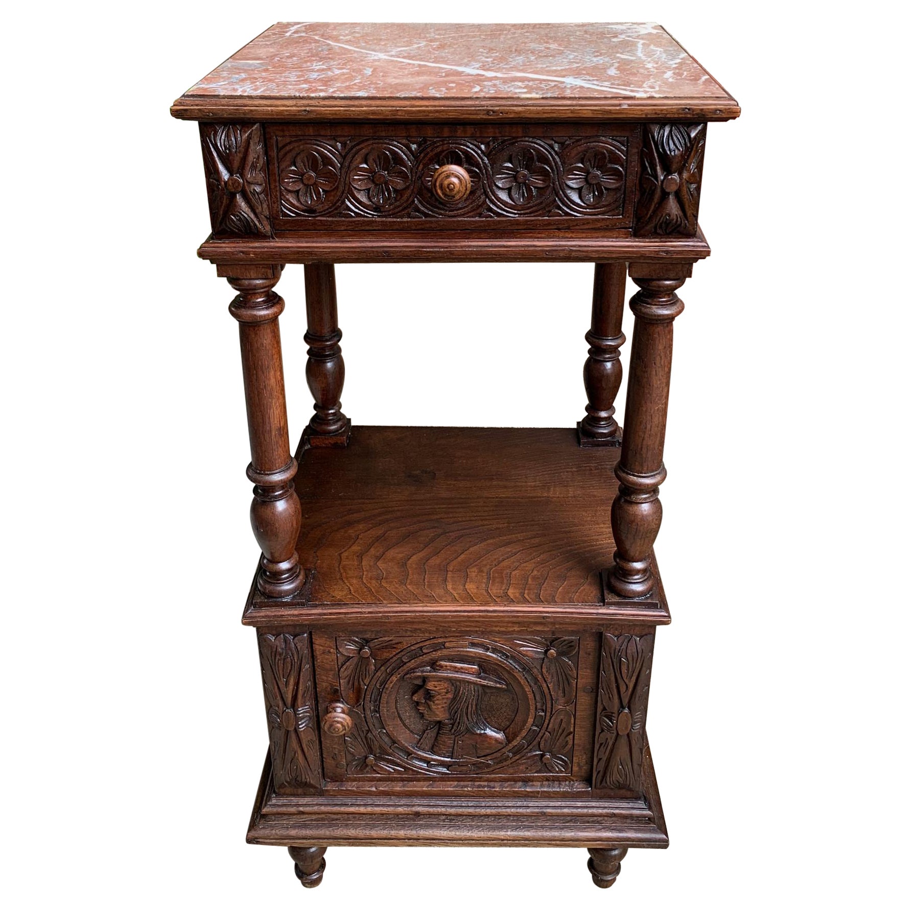 Antique French Nightstand End Table Brittany Breton Marble Carved Oak Cabinet