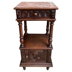Antique French Nightstand End Table Brittany Breton Marble Carved Oak Cabinet