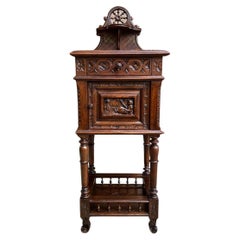 Antique French Nightstand End Table Brittany Breton Marble Carved Oak Cabinet