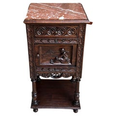 Antique French Nightstand End Table Brittany Breton Marble Carved Oak Cabinet