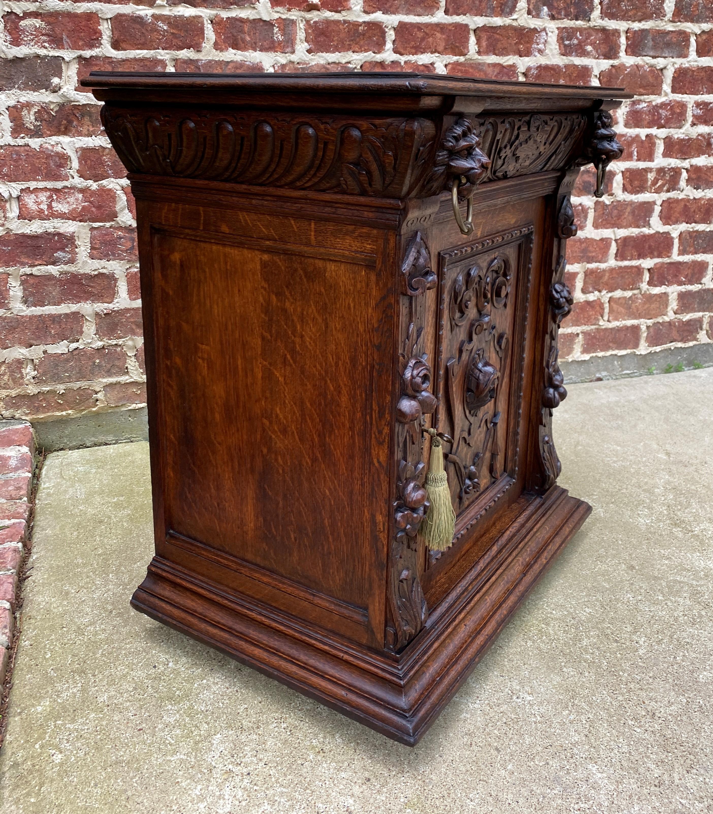 Antique French Nightstand End Table Cabinet Carved Oak Lions Renaissance 19th C 5