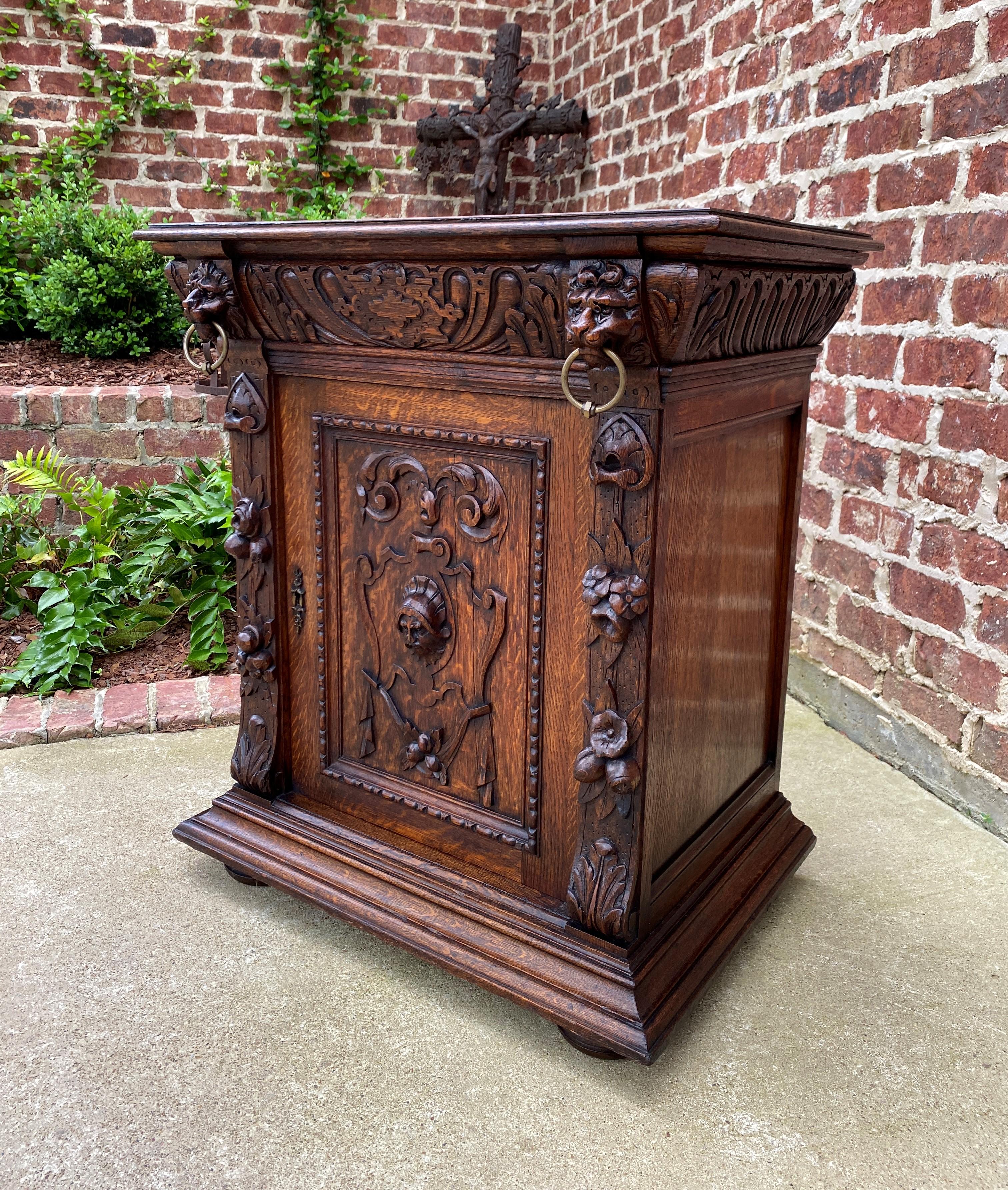 Antique French Nightstand End Table Cabinet Carved Oak Lions Renaissance 19th C 6