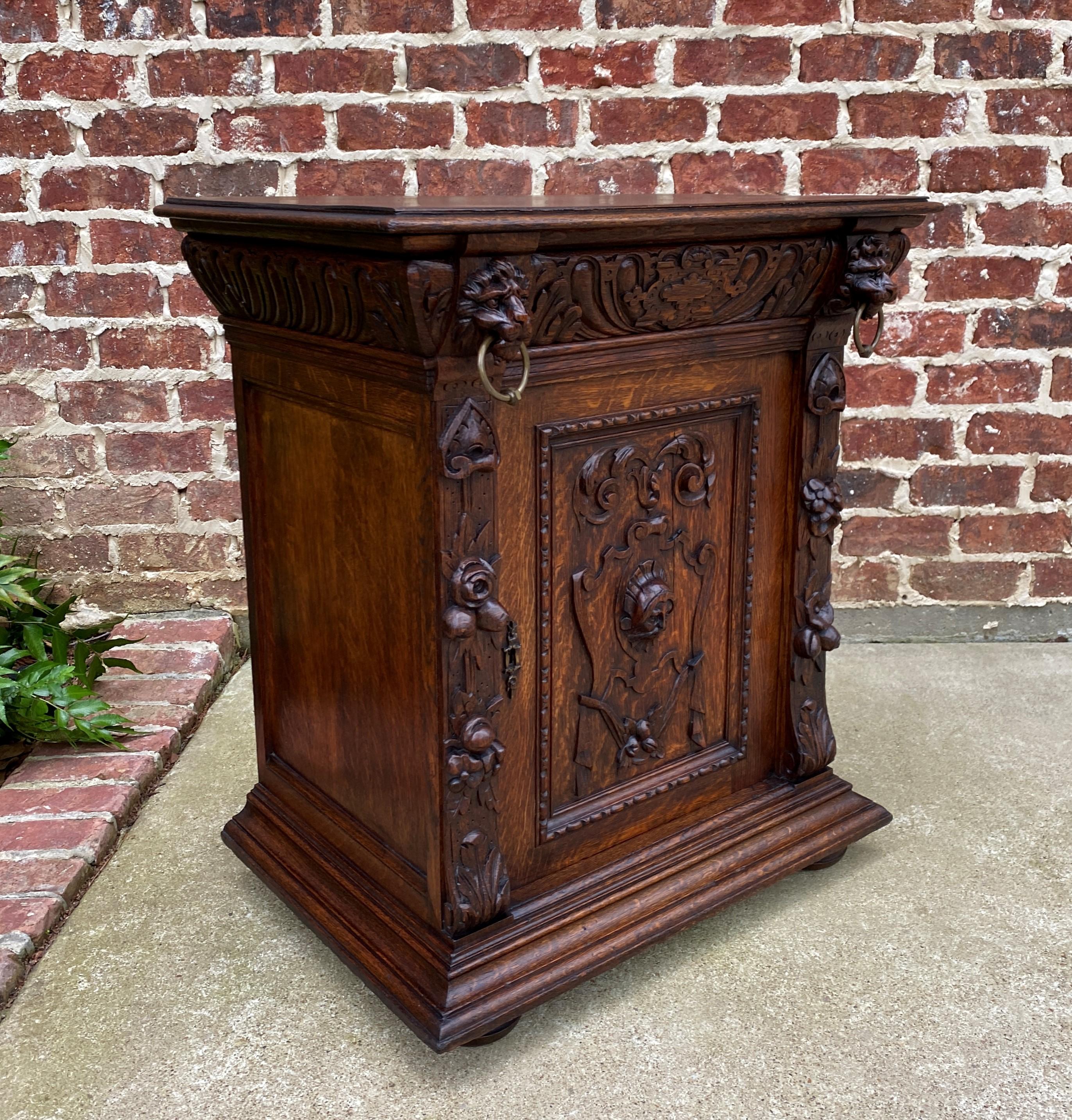 Antique French Nightstand End Table Cabinet Carved Oak Lions Renaissance 19th C 7