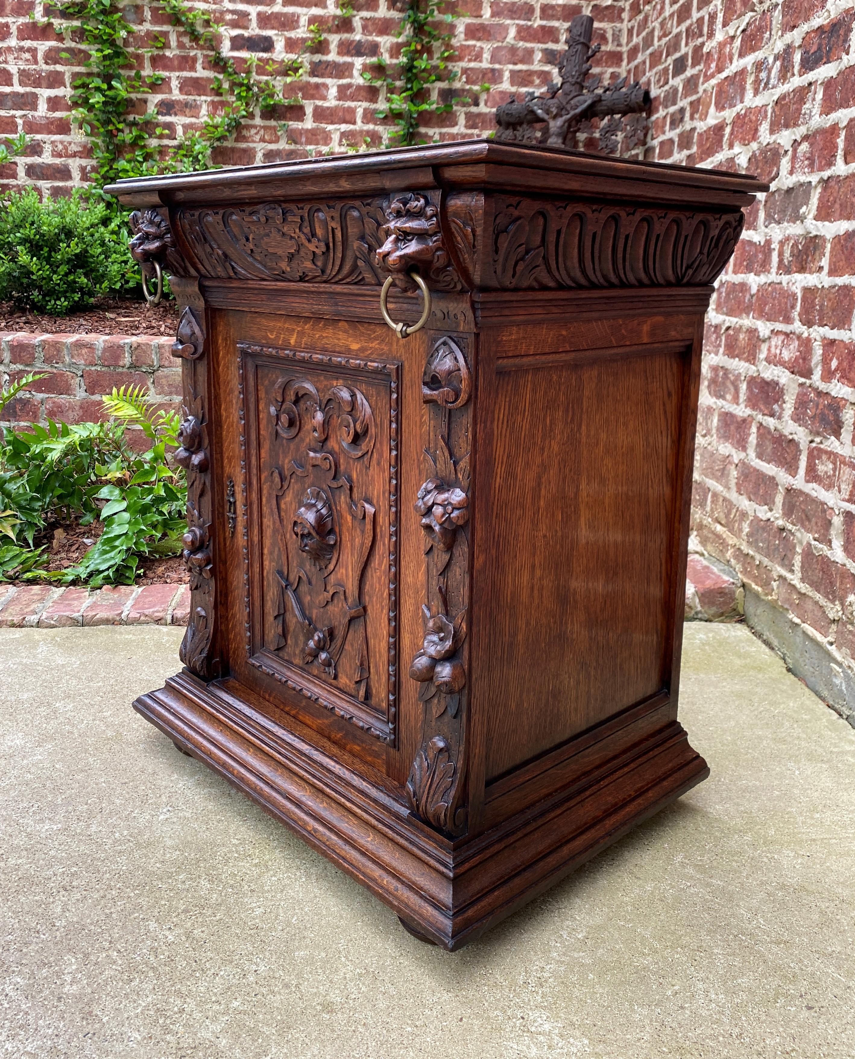 Antique French Nightstand End Table Cabinet Carved Oak Lions Renaissance 19th C 8