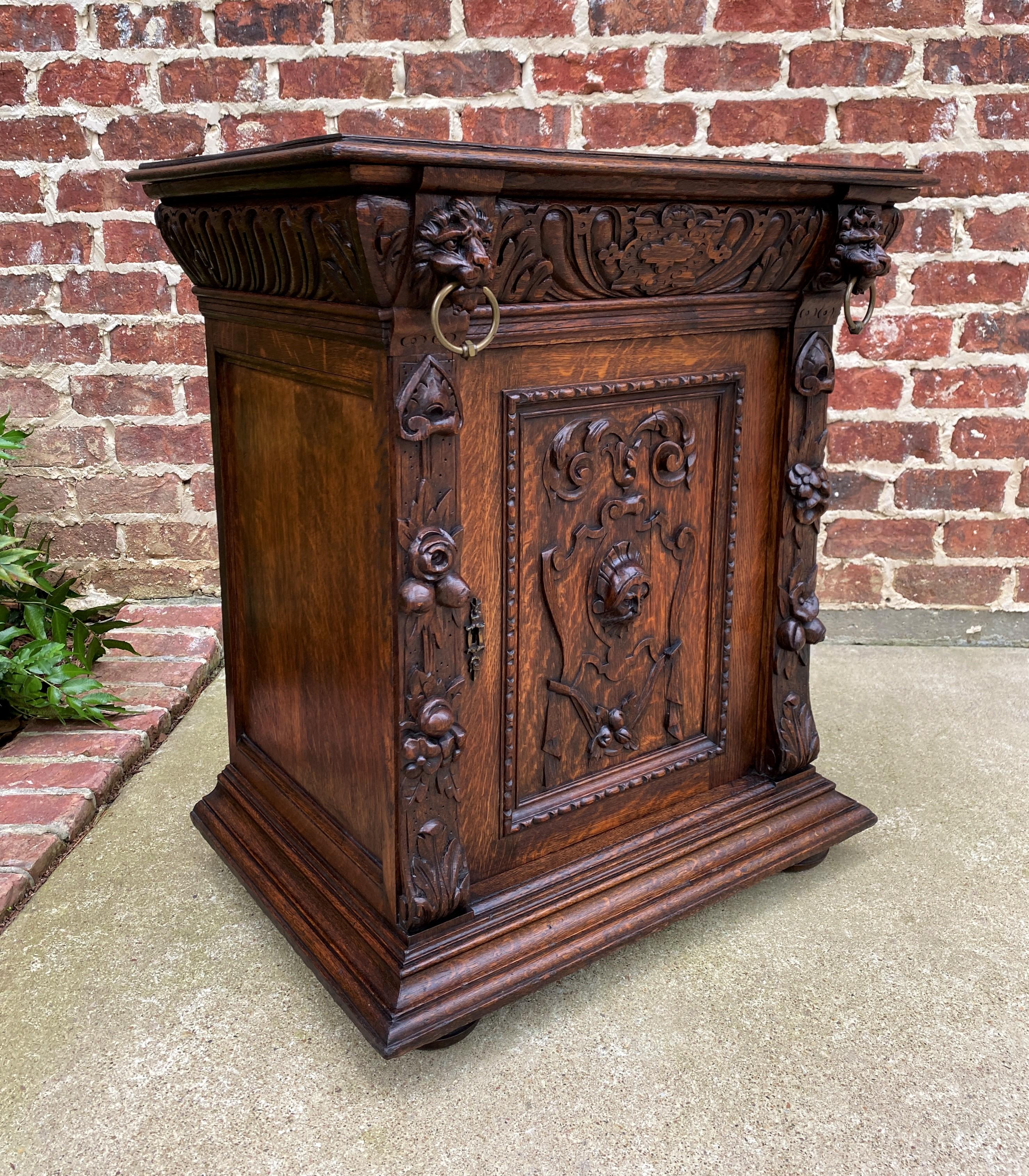 Antique French Nightstand End Table Cabinet Carved Oak Lions Renaissance 19th C 9
