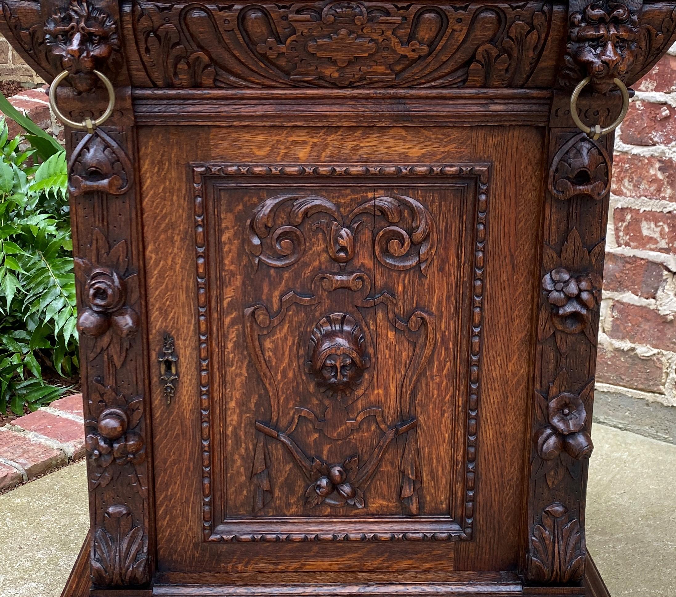 Renaissance Revival Antique French Nightstand End Table Cabinet Carved Oak Lions Renaissance 19th C
