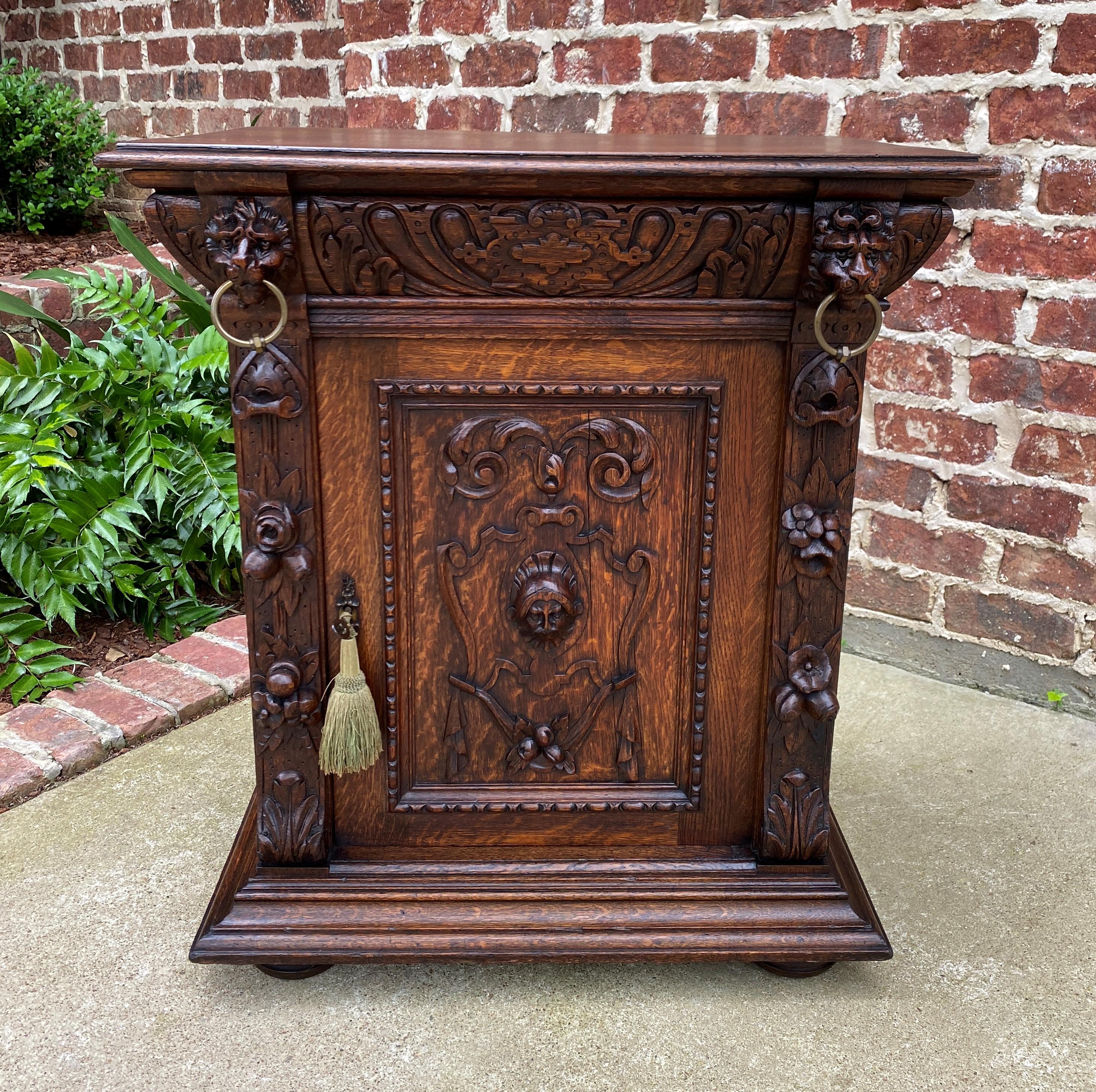 Late 19th Century Antique French Nightstand End Table Cabinet Carved Oak Lions Renaissance 19th C