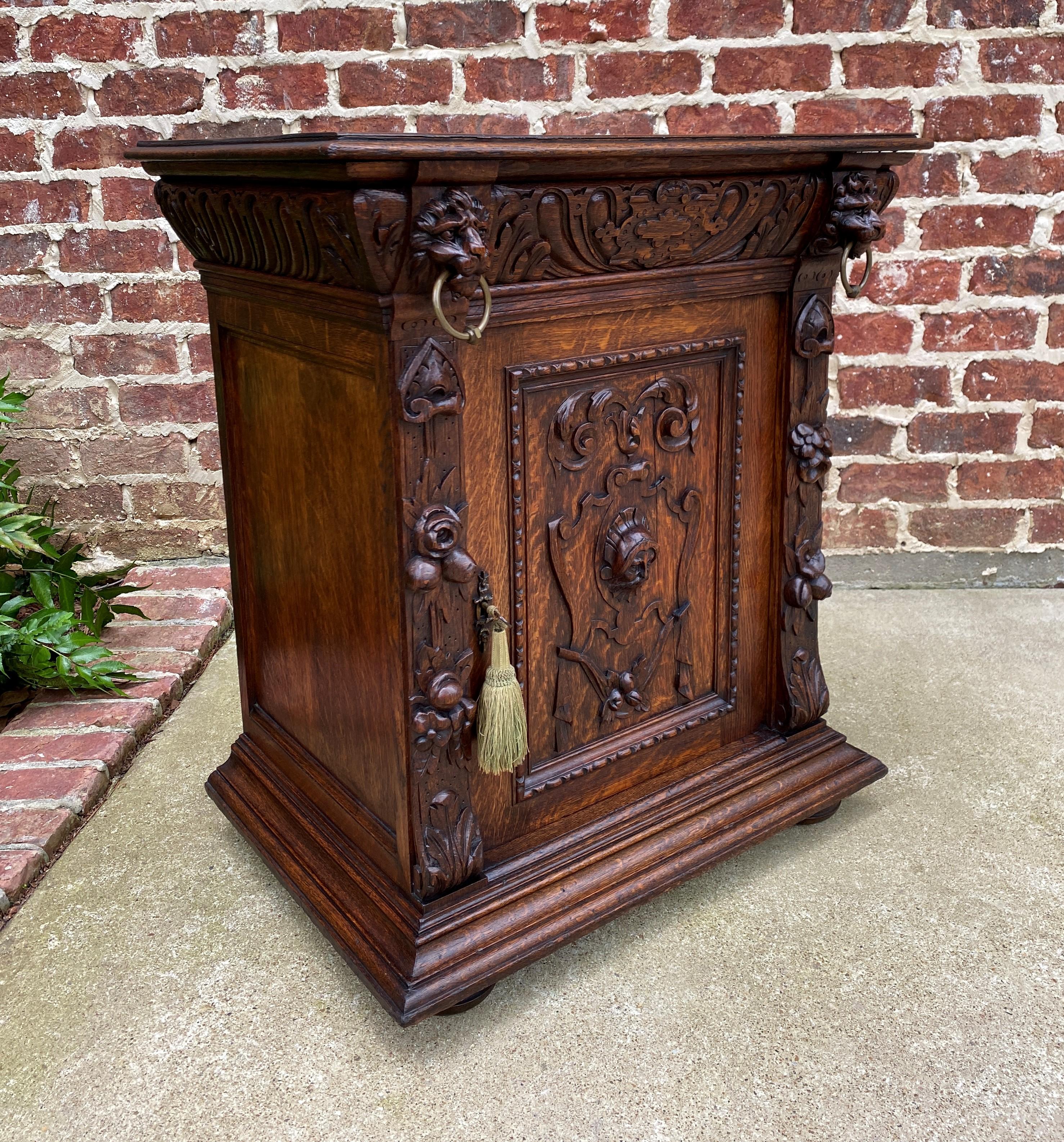 Antique French Nightstand End Table Cabinet Carved Oak Lions Renaissance 19th C 1
